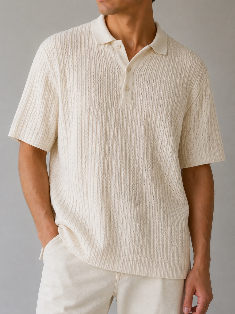 Men's Cream Knit Short-Sleeve Polo